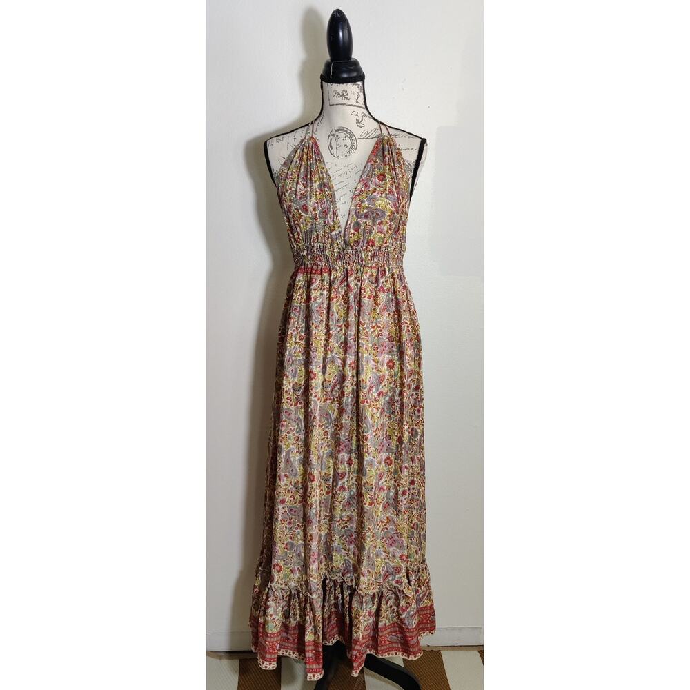 Zury Silk Blend Floral Paisley Open Back Halter Tiered Maxi Dress Free Size Boho
